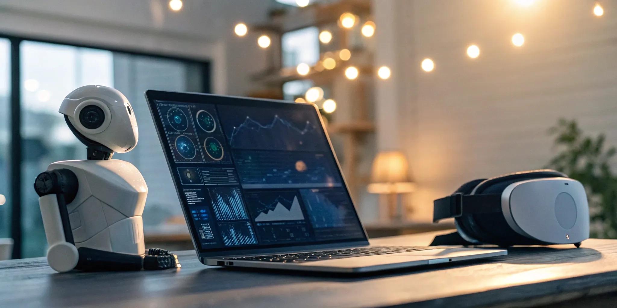 Data & AI talent revolution: robot, laptop dashboard, and VR headset.