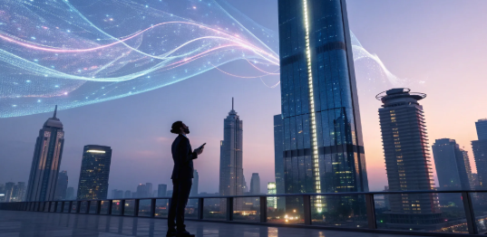 Head of talent directs an AI recruiting network over a city skyline.