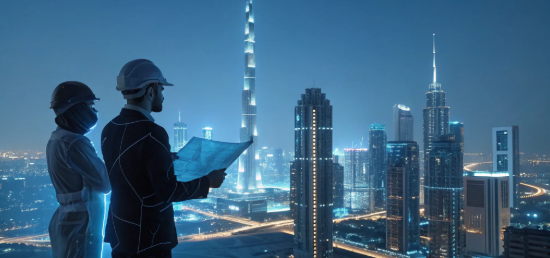 Technical recruiters planning AI talent recruitment with blueprints and a city skyline.