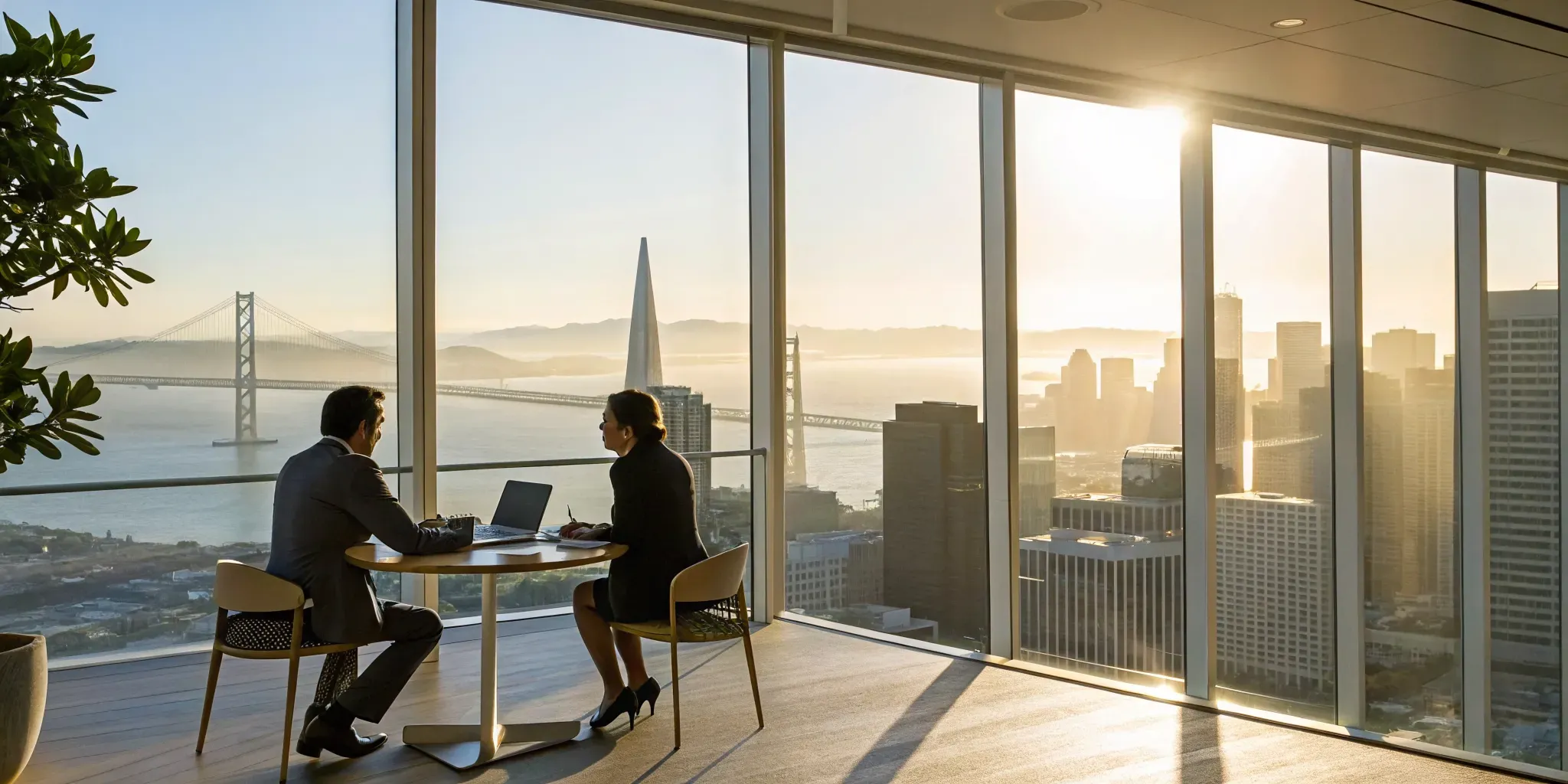 An AI recruiter in San Francisco discusses hiring solutions with a client in a modern office.