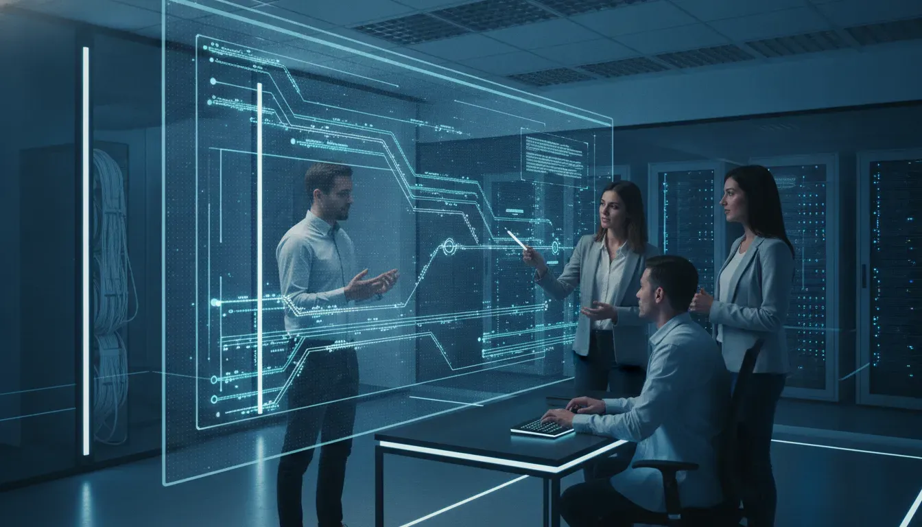 Data engineering team working on pipeline architecture visualization