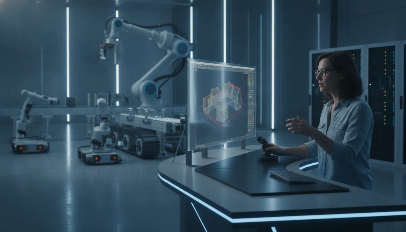 Computer vision engineer working with 3D point cloud visualization and robotic automation in a modern lab