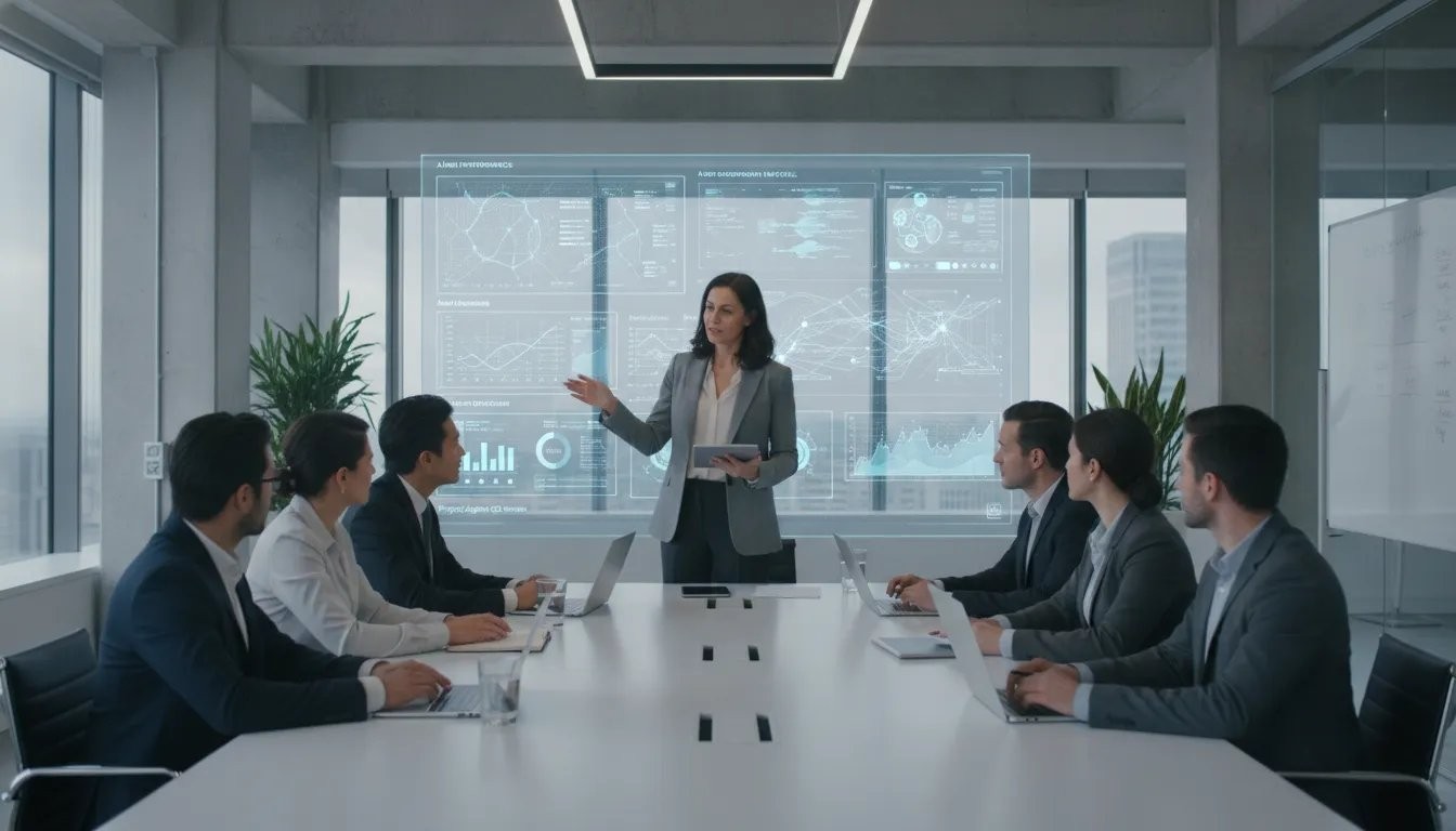 AI product manager leading a team meeting in a modern tech office