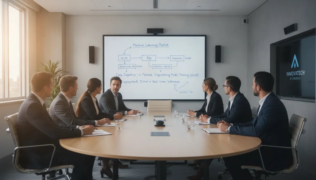AI implementation engineers collaborating in a modern office with machine learning pipeline diagrams on whiteboards