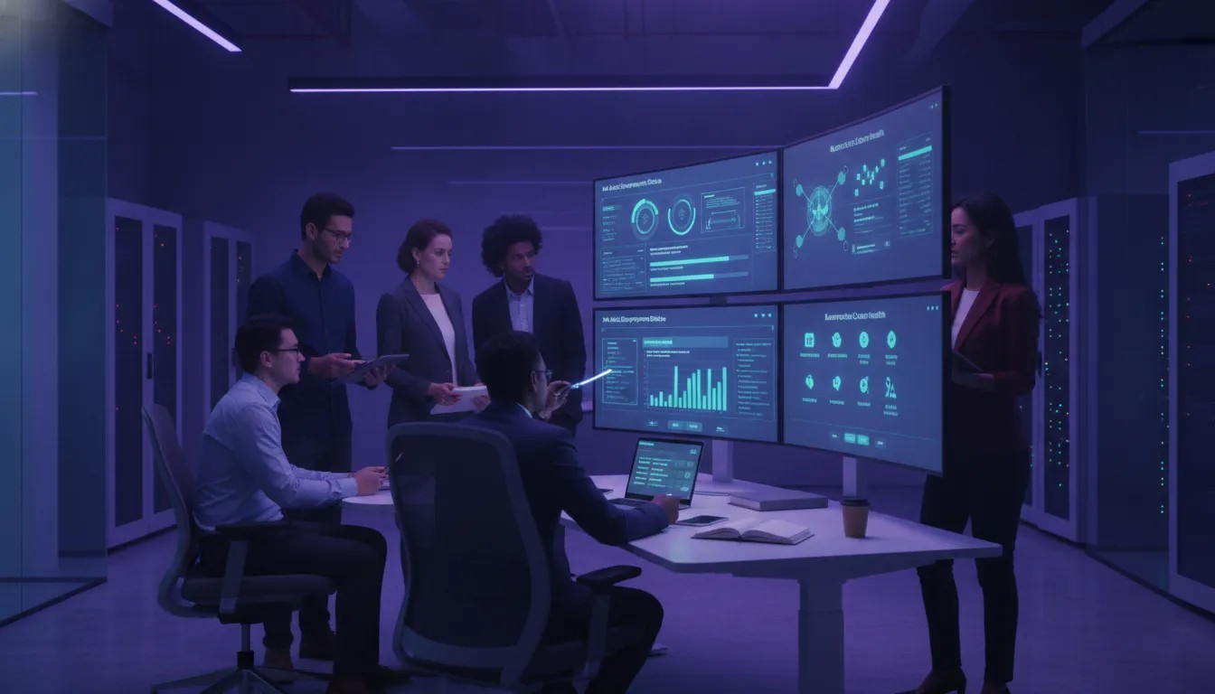 A diverse team of machine learning engineers collaborating in a modern tech office with ML deployment dashboards