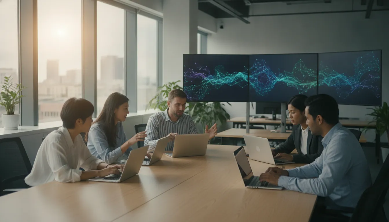 AI and machine learning engineers collaborating in a modern tech office with data visualizations on screens