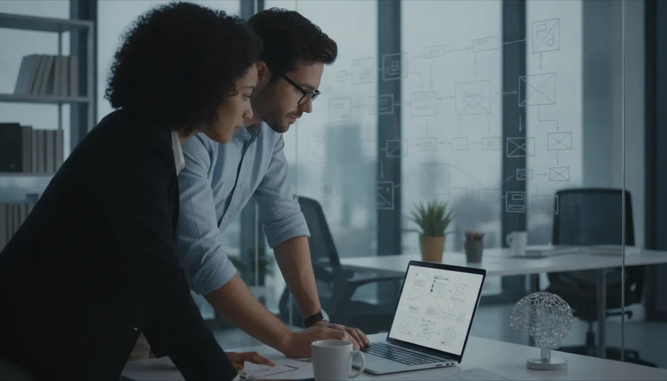 Two technical recruiters reviewing an NLP portfolio in a modern hiring agency office