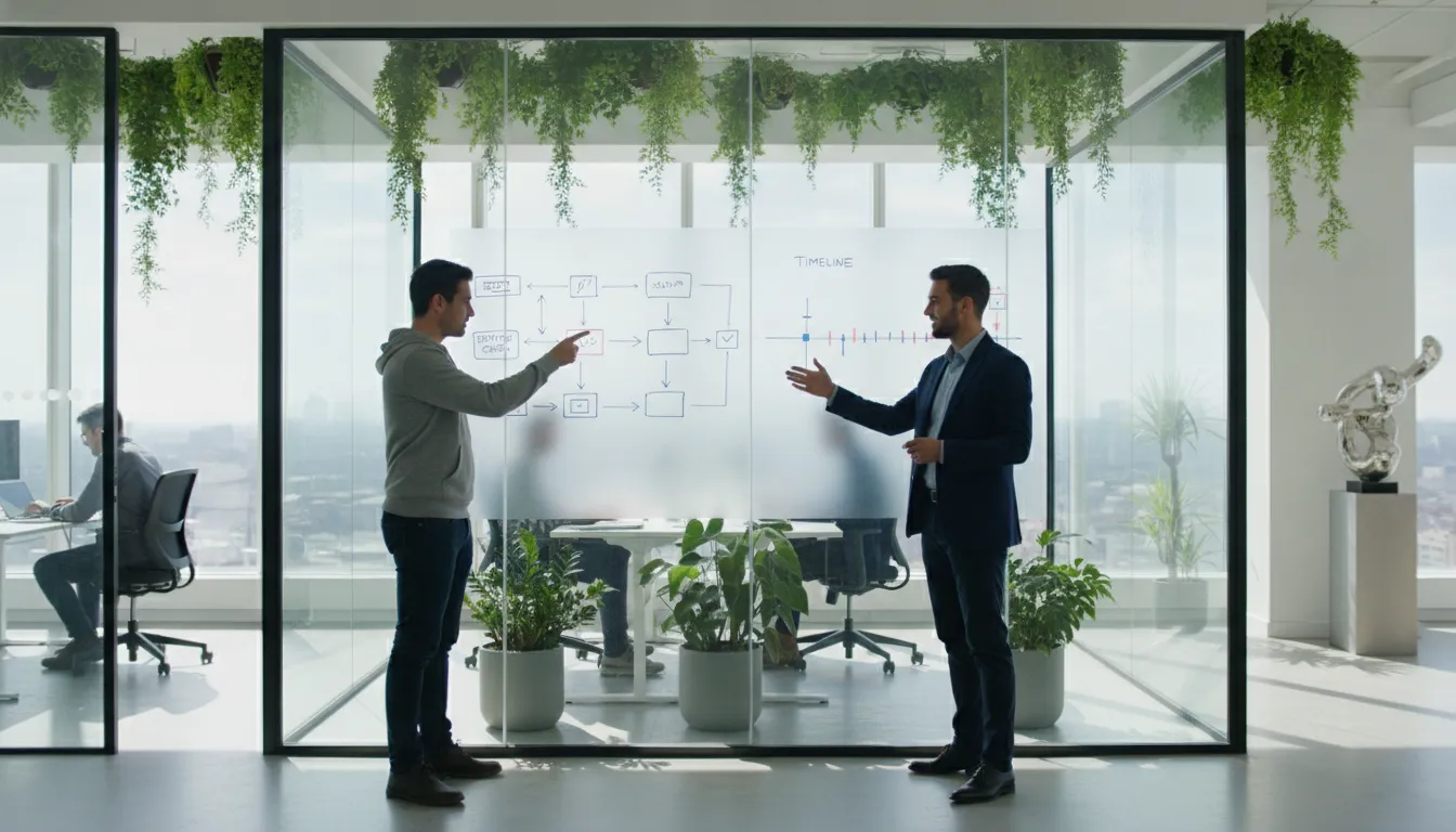 Two engineering team leads discussing a technical workflow on a whiteboard in a modern AI startup office
