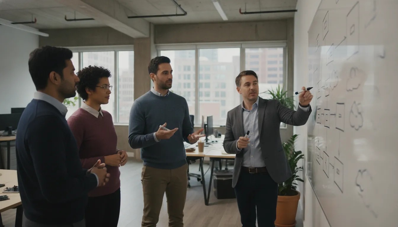 AI company engineering leaders and hiring managers collaborating around a whiteboard in a modern startup office