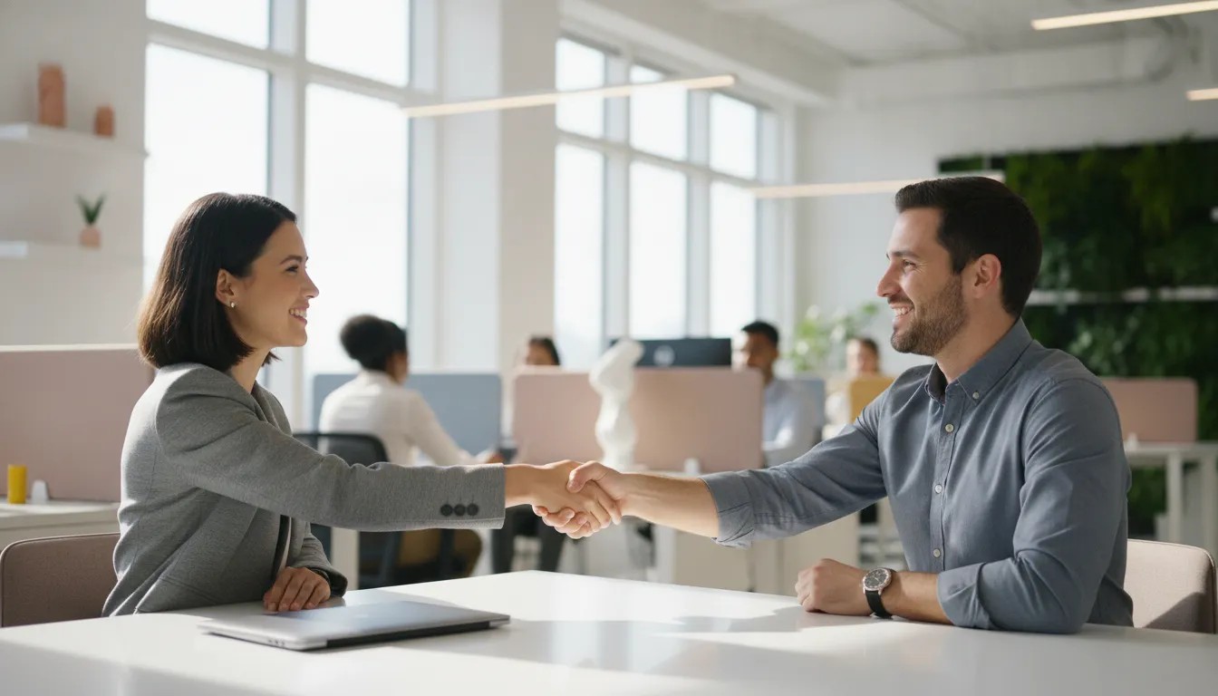 AI hiring manager interviewing a customer engineer candidate in a bright modern office