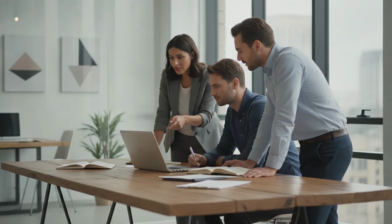 Hiring manager and engineers reviewing product strategy together in a bright startup office