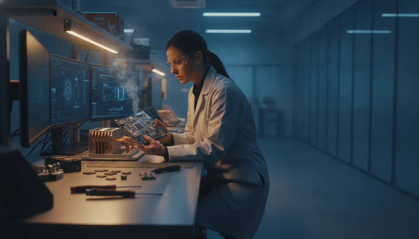 AI hardware engineer examining a circuit board in a semiconductor lab