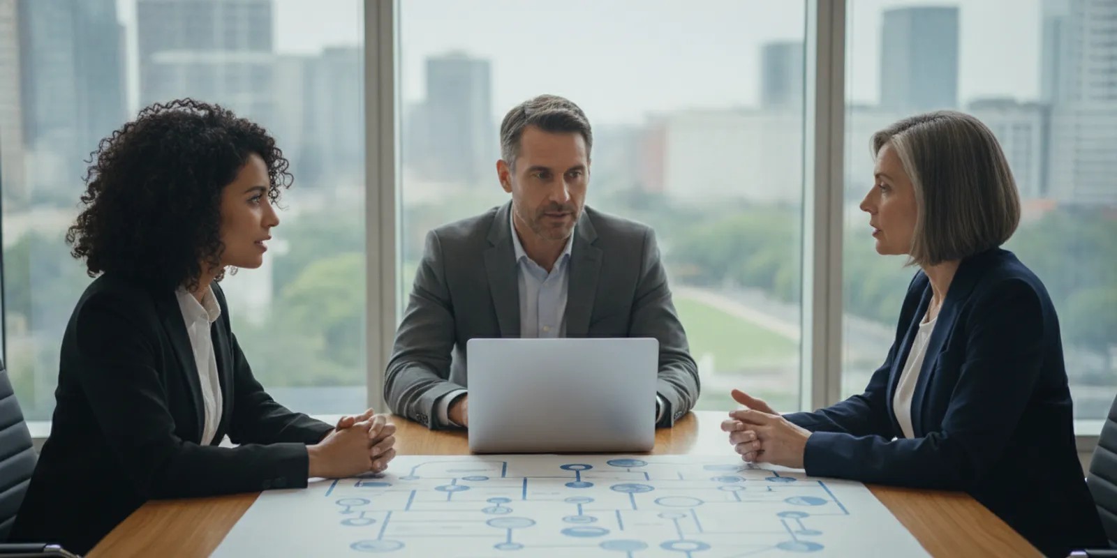 Founders and an AI executive candidate reviewing a team roadmap in a conference room