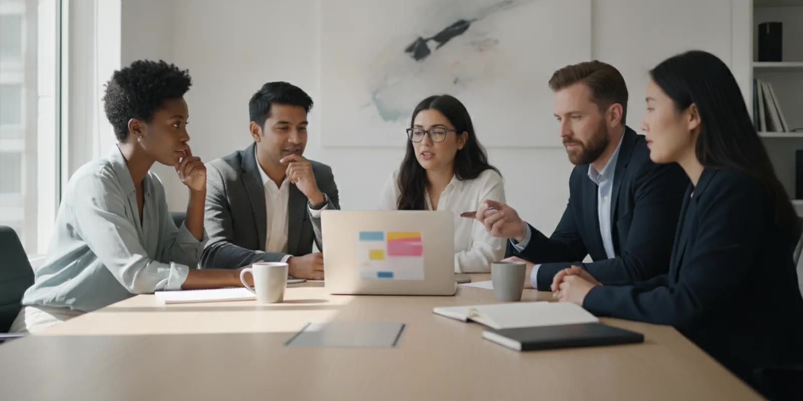 Company leaders collaborating around an AI product roadmap in a modern meeting room