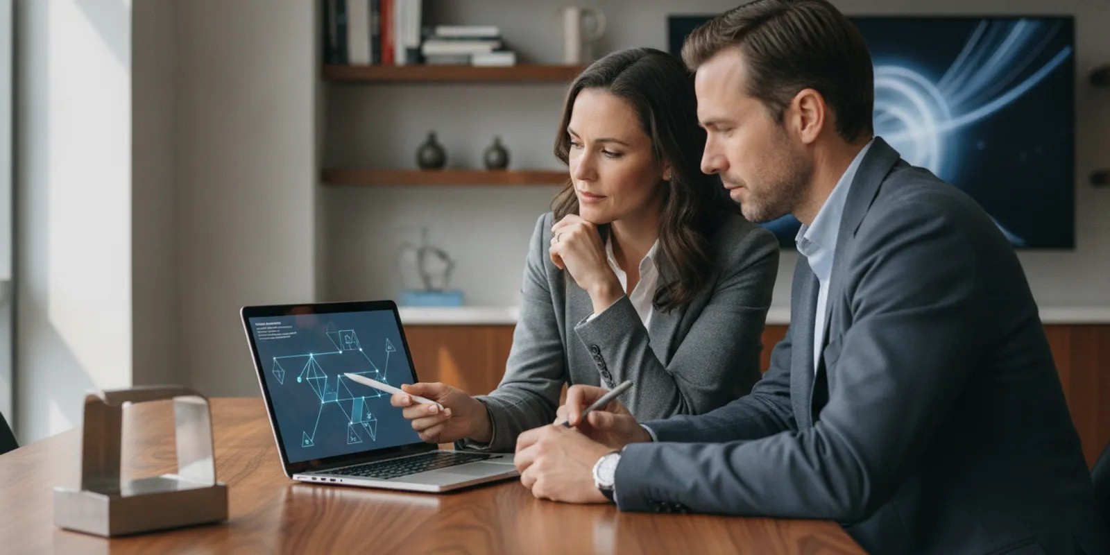 Engineering leaders discussing an AI project plan around a laptop