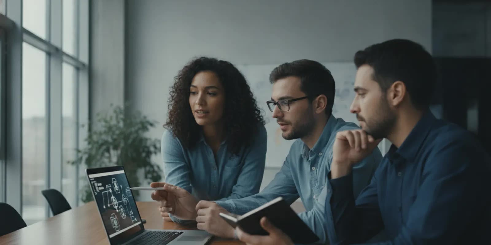 Engineering team reviewing an AI product implementation plan at a workstation